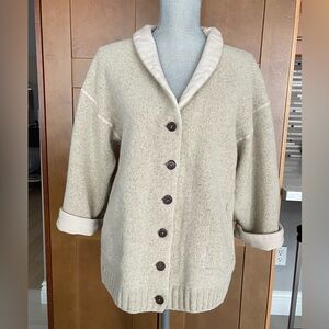 MARC CAIN Cream Wool-Blend Cardigan with Textured Back Design, Roll Sleeves, S